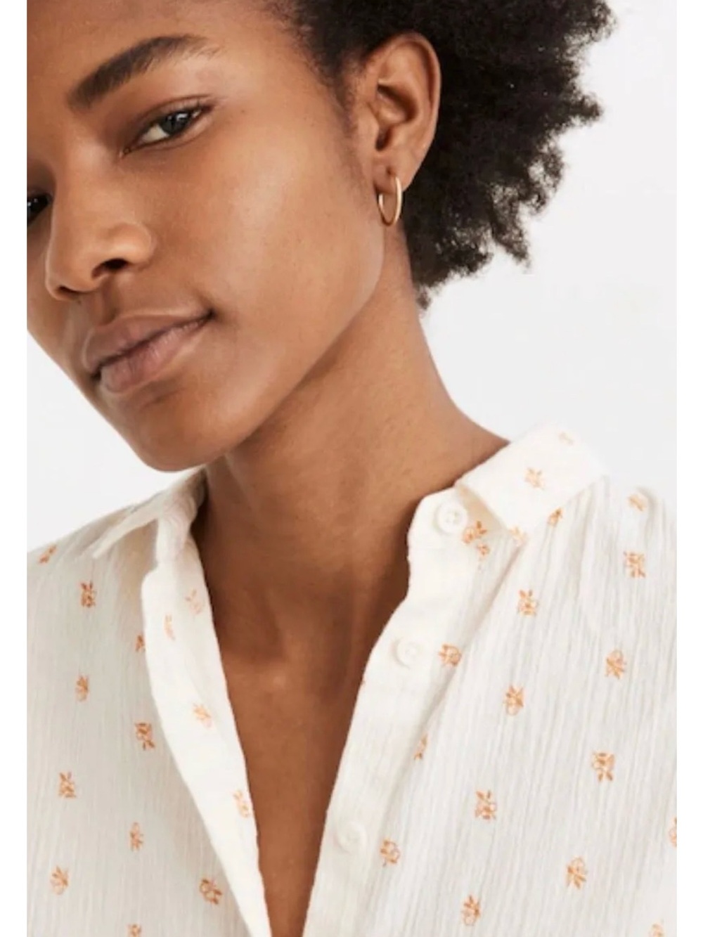Madewell White Button-Down Top with Peach Floral Embroidery